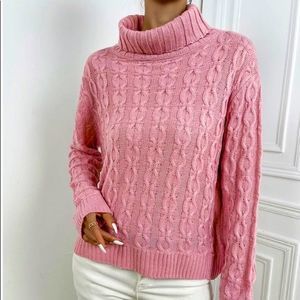 NWT! SOLID FUNNEL NECK CABLE KNIT DROP SHOULDER SWEATER IN PINK!